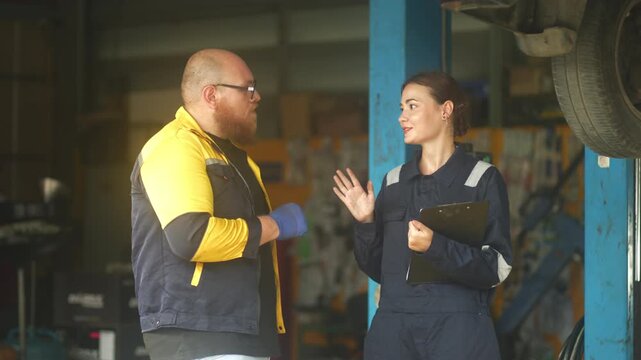 Caucasian male mechanic with glasses and a beard works alongside a female technician, reviewing a digital tablet and giving a thumbs-up. This high-energy commercial imagery represents gender diversity