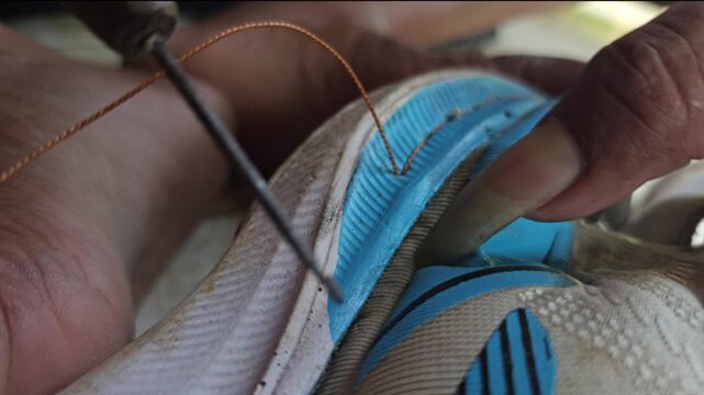 Close up of hands repairing a blue and white sports shoe by manually stitching the sole with an awl and brown thread