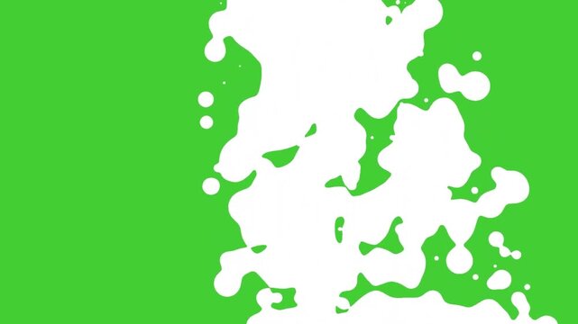 White liquid splash animation transition with abstract ink drops on green screen background.