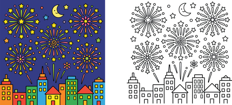 City Skyline Fireworks Coloring Page and Colorful Vector Illustration of Festive Night Celebration with Moon and Stars, Activity Worksheet for Kids
