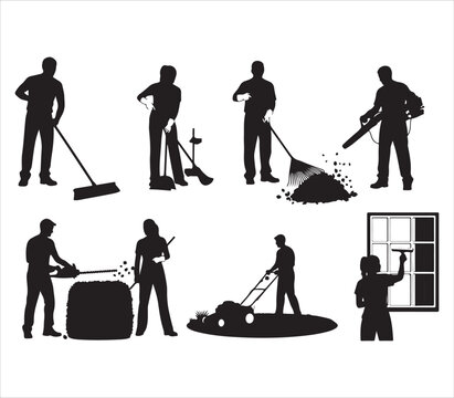 Silhouette illustrations of people doing various yard work and cleaning activities outside home