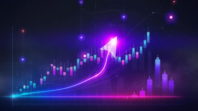 Vibrant neon stock chart with glowing candlesticks dynamically evolving for trading and finance visualization