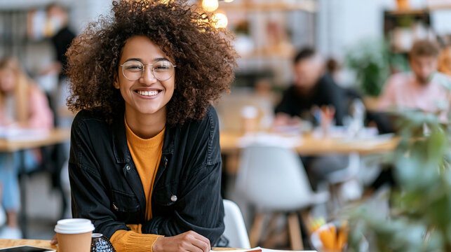 Employee engagement concept with smiling office worker, shallow depth of field, contemporary workplace