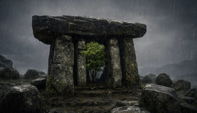 Ancient stone dolmen structure framing a single green tree in a misty rocky landscape symbol of nature reclaiming stone architecture monument landscape architecture megalith mystical