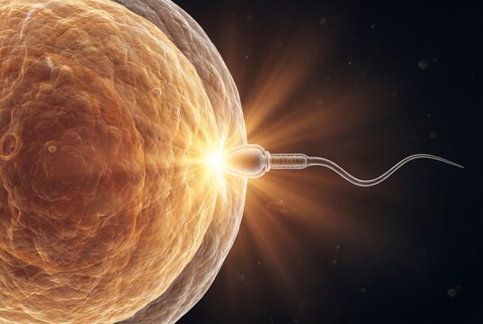 3d illustration of a human sperm cell fertilizing an egg cell