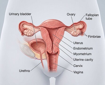 Anatomical illustration of the female reproductive system and urinary bladder