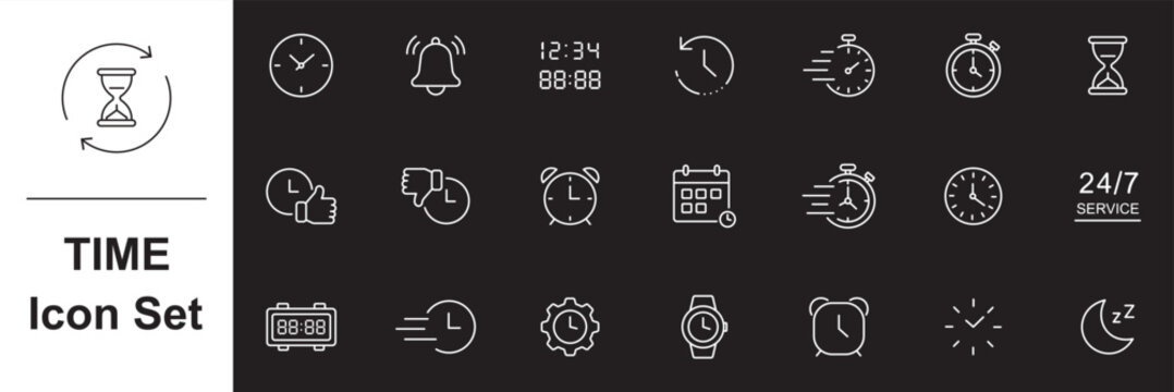 Time and Clock linear icons set. Timer, watch, speed, calendar, alarm clock, representing clock, schedule, deadline, Sand hourglass, date and time management, planning concepts. Editable stroke.  