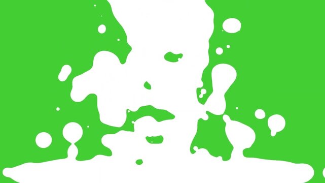 White liquid splash animation transition with abstract ink drops on green screen background.