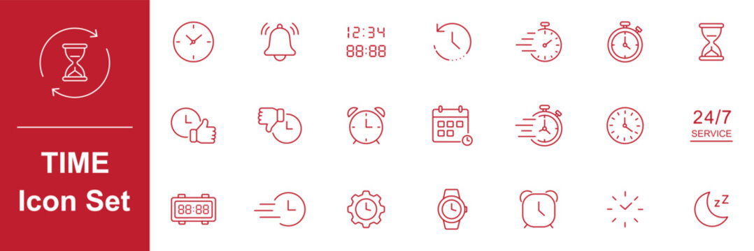 Time and Clock linear icons set. Timer, watch, speed, calendar, alarm clock, representing clock, schedule, deadline, Sand hourglass, date and time management, planning concepts. Editable stroke.  