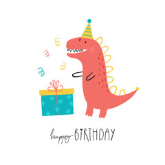 Naklejka premium Cute birthday dinosaur with party hat and gift box. Hand drawn nursery illustration in playful cartoon style. Perfect for kids happy birthday cards, invitations, posters, apparel and decor.