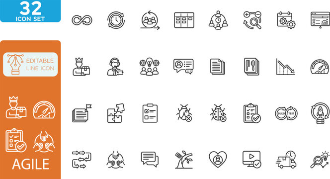 Minimalist Agile line editable Icons set. Vector illustration. featuring icons of various software development, plan, testing, process, scrum and more. on white background.