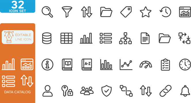 Data catalog line editable Icons set. Vector illustration. 32 editable line icons for business, intelligence and data management. on white background.