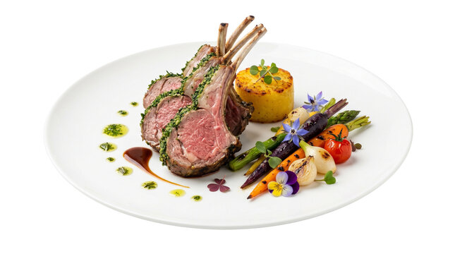 Roasted rack of lamb with herb crust, gourmet plated lamb chops with spring vegetables, fine dining meat entree with edible flowers isolated PNG with Transparent Background