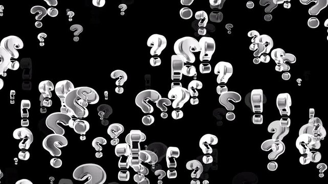 Abstract composition of floating metallic question marks representing uncertainty, curiosity, and search for answers in modern digital space. Ideal for business, education, and problem-solving themes