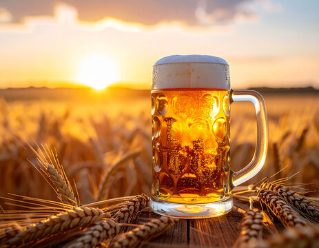 Jarra de cerveza rubia con espuma al atardecer entre espigas de cereal de cebada en un campo agr&iacute;cola, imagen de elaboraci&oacute;n cervecera, naturaleza, cosecha, turismo gastron&oacute;mico y hosteler&iacute;a