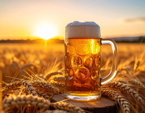 Jarra de cerveza rubia con espuma al atardecer entre espigas de cereal de cebada en un campo agr&iacute;cola, imagen de elaboraci&oacute;n cervecera, naturaleza, cosecha, turismo gastron&oacute;mico y hosteler&iacute;a