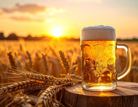 Jarra de cerveza rubia con espuma al atardecer entre espigas de cereal de cebada en un campo agr&iacute;cola, imagen de elaboraci&oacute;n cervecera, naturaleza, cosecha, turismo gastron&oacute;mico y hosteler&iacute;a
