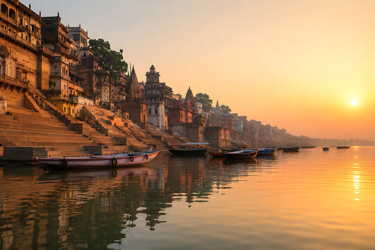 Varanasi riverfront ghats at sunrise, boats on calm Ganges river, spiritual atmosphere