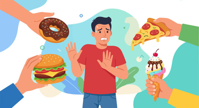 Young man refusing fast food in a colorful vector graphic illustration