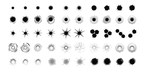 Set of various black bullet hole icons and gun shot impact marks on surface ©  creative  marlia