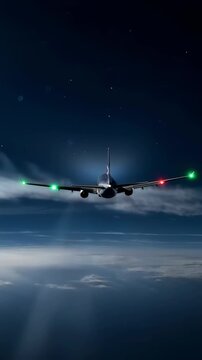 rear view of airplane flying at night above clouds, aircraft tail and wings with navigation lights in dark sky, commercial aviation journey concept, night flight and air transport atmosphere