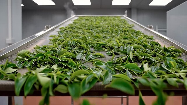 4K Medium Shot of Factory Automated Automated Industrial Sieve Drying Green Tea Leaves
