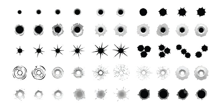 Set of various black bullet hole icons and gun shot impact marks on surface