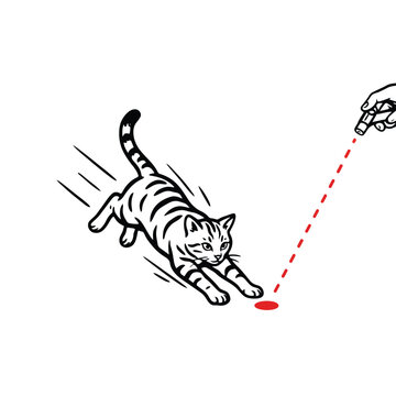 Playful tabby kitten pouncing on red laser pointer dot vector illustration with instinct