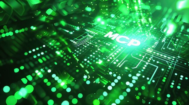 Abstract green circuit board with glowing lights and mcp text technology.