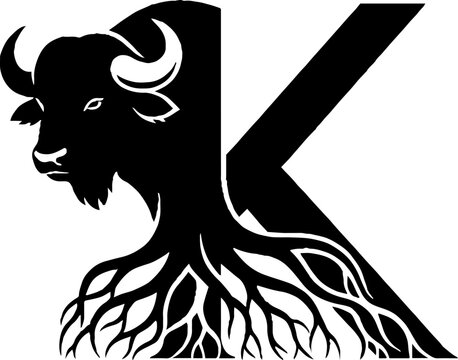 Black and white bison head with roots forming letter K.