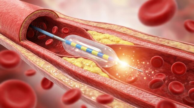 Angioplasty procedure illustration with balloon catheter opening blocked artery with plaque.