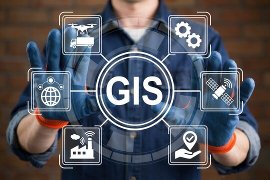 Gis geographic information system concept with worker hands and digital interface icons
