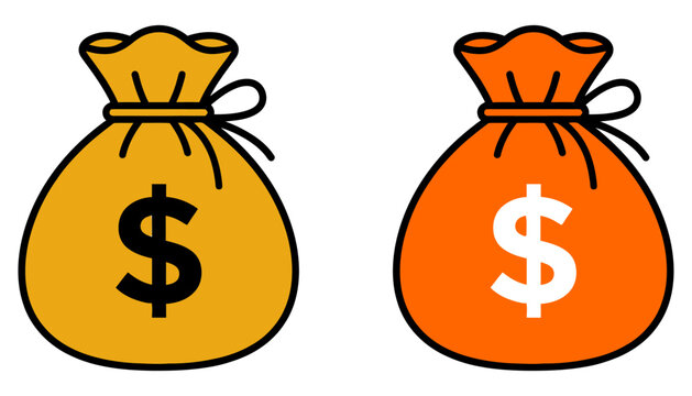 Two vibrant cartoon money bags, one golden yellow with a black dollar sign and another bright orange with a white dollar sign, symbolizing wealth, financial growth, savings, and investment against 