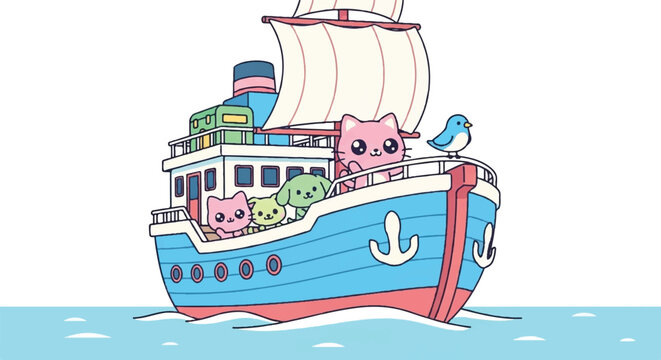 Cute cartoon cats and dog on a boat sailing on the sea.