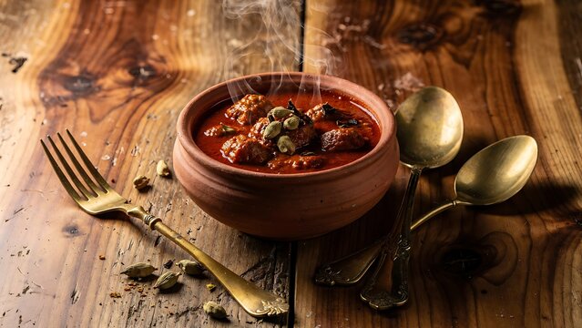 Traditional clay pot with spiced tomato sauce and herbs.