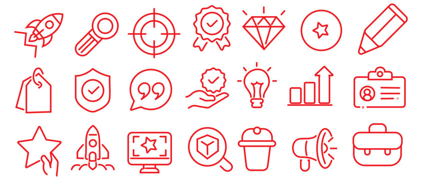 Core values concept. Integrity, mission, vision, trust, purpose, leadership and growth editable stroke outline icons set isolated on white background flat vector illustration. Pixel perfect. 64 x 64.