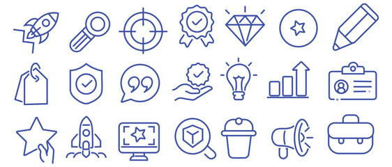 Fototapeta premium Core values concept. Integrity, mission, vision, trust, purpose, leadership and growth editable stroke outline icons set isolated on white background flat vector illustration. Pixel perfect. 64 x 64.