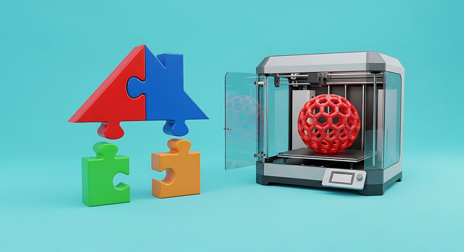 House made of puzzle pieces next to 3D printer with printing construction technology innovation building manufacturing prototyping architecture engineering creative solution development