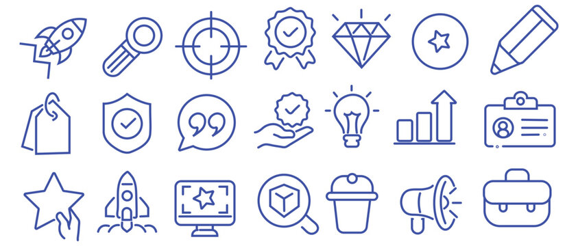 Core values concept. Integrity, mission, vision, trust, purpose, leadership and growth editable stroke outline icons set isolated on white background flat vector illustration. Pixel perfect. 64 x 64.