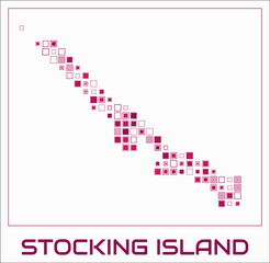Fototapeta premium Stocking Island digital style map. Large square dots on white background. Dotted shape of the island. Vector map and title. Creative vector illustration.