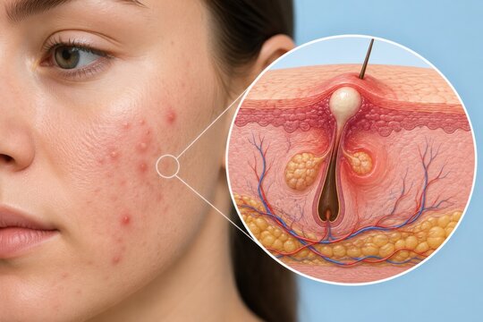 Dermatological illustration showing acne pimple development on young woman facial skin.