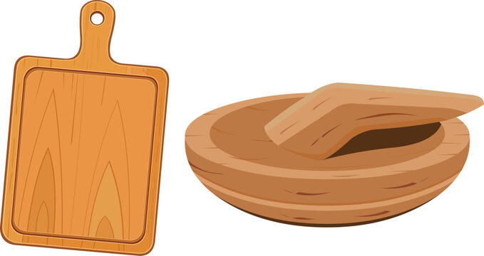 Wooden Pestle and Cutting Board Vector Illustration.eps