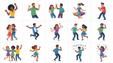 Fototapeta premium Flat vector illustration set of diverse people dancing and celebrating. Modern character icons in colorful outfits enjoying summer party events on white background grid.