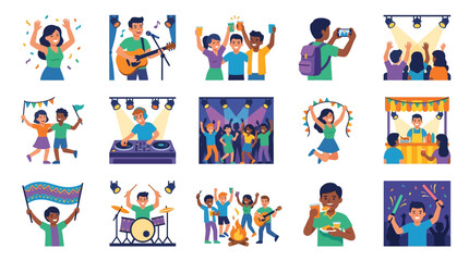Fototapeta premium Flat vector illustration set of diverse people at a music festival including DJ performing, live band, crowd dancing under stage lights, street food stalls, and outdoor bonfire celebration.