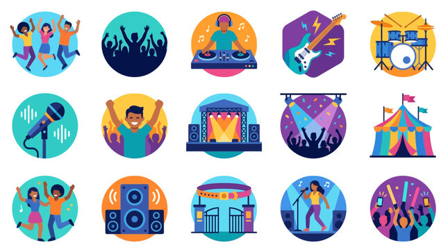 Flat vector icon set of music festival elements including a DJ, live band instruments, concert stage, diverse dancing crowd silhouettes, singer, and festival tent on white background.