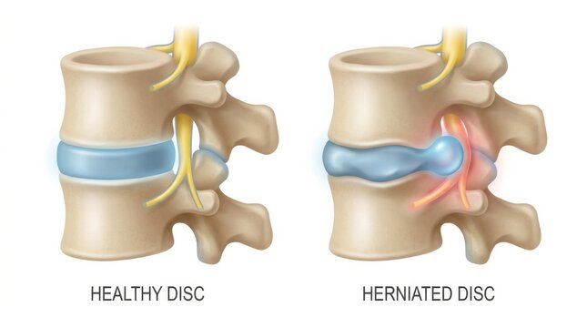 Healthy disc versus herniated disc showing nerve compression and inflammation.