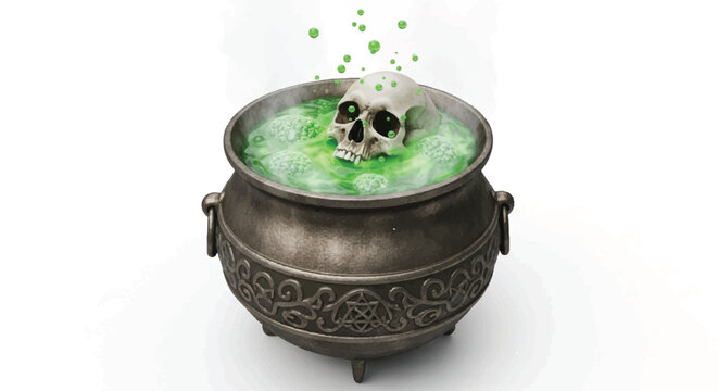 A spooky cauldron with a skull and bubbling green potion.