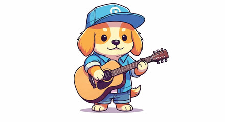 Fototapeta premium Cute cartoon dog playing guitar wearing a cap and shirt.