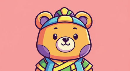Fototapeta premium Cute Cartoon Bear Wearing Traditional Asian Clothing.