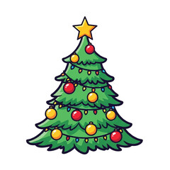 Fototapeta premium Cartoon Christmas Tree Decorated with Ornaments and Lights.